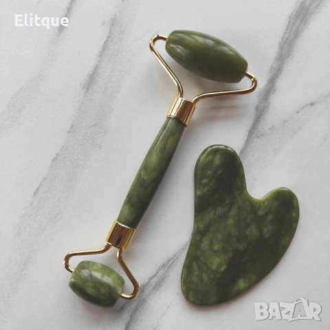 Нефритен масажор за лице с 2 ролки + плосък нефритен камък 