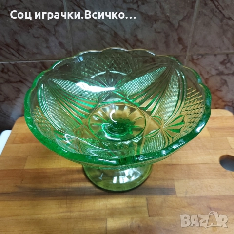 Стара Стъклена Зелена Фруктиера , снимка 3 - Колекции - 52503213