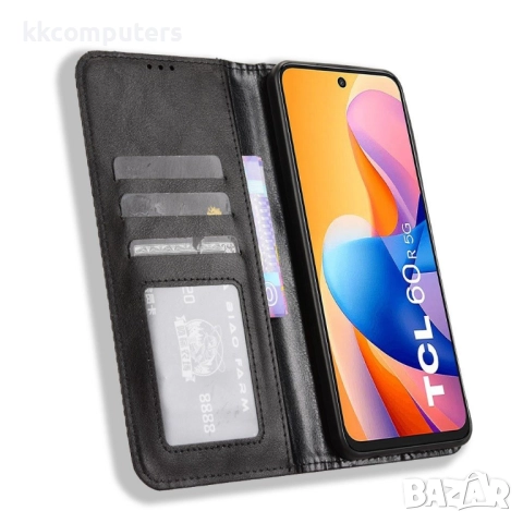 Калъф-портфейл за TCL 60R 5G - Ретро кожен, Мозаечен бордюр, Стойка, 3 слотa за карти, Вкл. Протекто, снимка 5 - Калъфи, кейсове - 52937144