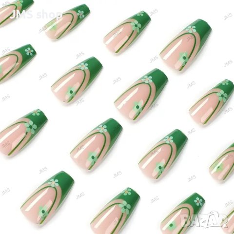 24бр. Гланцирано зелено пресоване върху нокти с цветни дизайни, фалшиви нокти , снимка 2 - Продукти за маникюр - 44125865