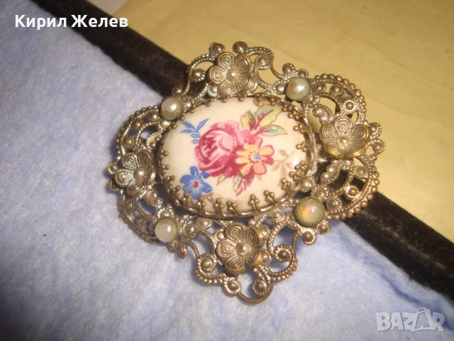 СТАРА БРОНЗОВА ПОСРЕБРЕНА АР НУВО ФЛОРАЛНА ФИЛИГРАННА РЕТРО БРОШКА с РЪЧНО РИСУВАН ПОРЦЕЛАН 29171, снимка 12 - Антикварни и старинни предмети - 37320314