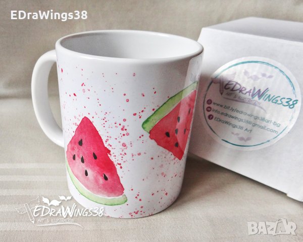 Чаша с принт "Животът е сладък" / диня, лято, акварел, надпис, свежо, цветно, снимка 3 - Чаши - 28970367