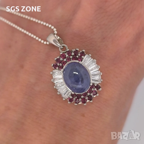 СРЕБЪРНА ВИСУЛКА С НАТУРАЛЕН ТАНЗАНИТ И РУБИНИ ОТ ТАЙЛАНД