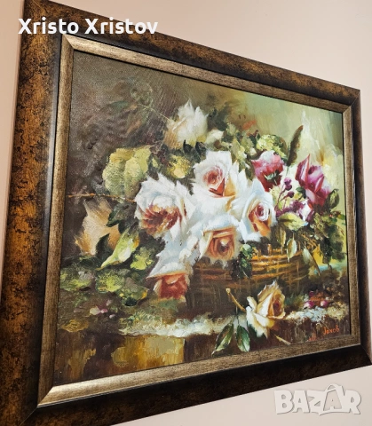 Маслена картина -кошница с рози, снимка 3 - Картини - 53033749