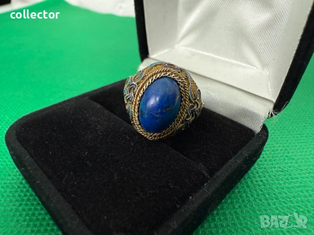 Уникат ! Сребърен пръстен с емайл / позлата и лапис лазули. №7638, снимка 6 - Пръстени - 52502949
