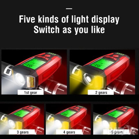 5в1 Фар за колело, фар за велосипед, аларма, презареждаем фар компютър,сирена,километраж клаксон, снимка 9 - Аксесоари за велосипеди - 33538903