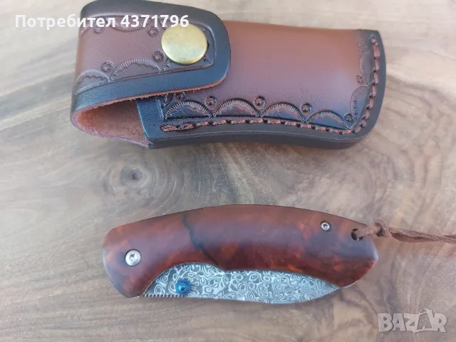 Японски сгъваем ловен нож DAMASKUS X10 с калъф от телешки бланк, снимка 3 - Ножове - 49188088