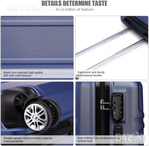 KONO твърд куфар 55 см 39 л с 4 колела и TSA ключалка тъмносин, снимка 3 - Куфари - 52403138