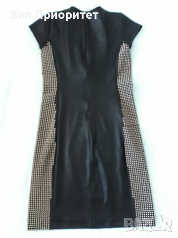 PHILIPP PLEIN-  Черна елегантна рокля със златни капсоловани точки, кожа и метал, дълъг цип на гърба, снимка 5 - Рокли - 37264793