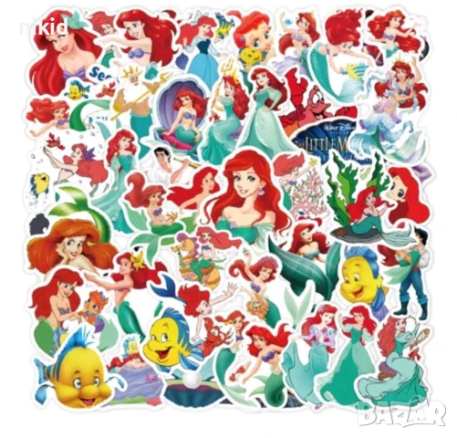50 бр Малката Русалка Ариел самозалепващи лепенки стикери за украса картонена торта, снимка 5 - Други - 45778692
