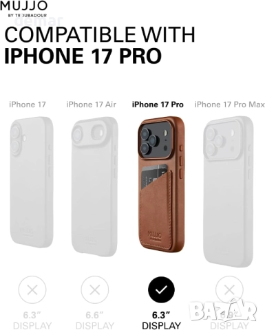 Кожен калъф-портфейл Mujjo за iPhone 17 Pro съвместим с MagSafe, кафяв, снимка 5 - Калъфи, кейсове - 51877241