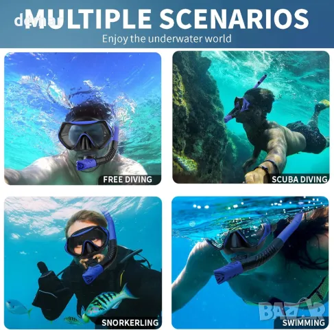 Професионален комплект екипировка за гмуркане против мъгла, панорамен изглед, сух шнорхел JRing, син, снимка 7 - Водни спортове - 47440788