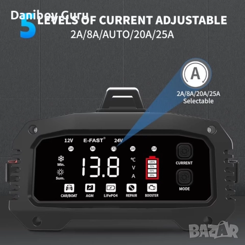 Бустер  и Smart Зарядно за акумулатори 25А Всички видове AGM, GEL,  LiFepo4, оловни