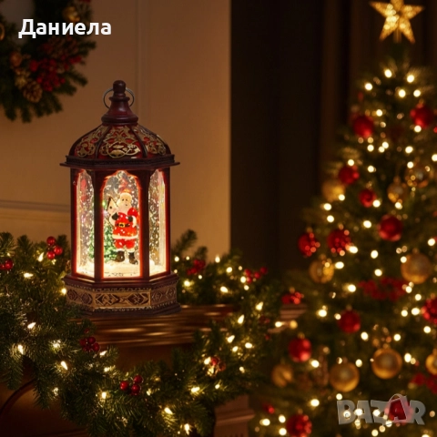 Коледен светещ фенер с въртящ се снежен ефект – уют и коледна магия