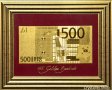 Златна банкнота 500 Евро на бордо фон в рамка под стъклено покритие - Реплика