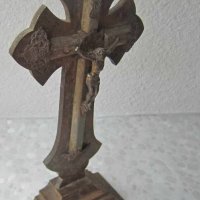 Голямо старо настолно разпятие, дърво и метал, 19 век, религия, снимка 4 - Антикварни и старинни предмети - 28966004