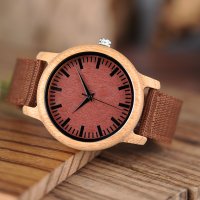 Унисекс часовник с корпус от бамбук и текстилна каишка в керемиден цвят, снимка 7 - Мъжки - 39052819