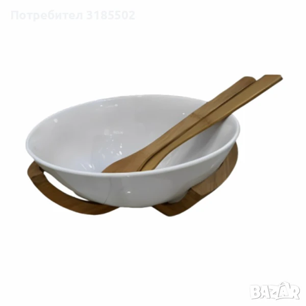 Луксозен комплект за салата с керамична купа и дървени аксесоари, снимка 1
