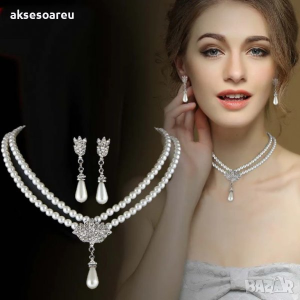 Елегантни комплекти булчински бижута със симулирана перла, КОЛИЕ+ОБЕЦИ, Сватбени комплекти бижута за, снимка 1