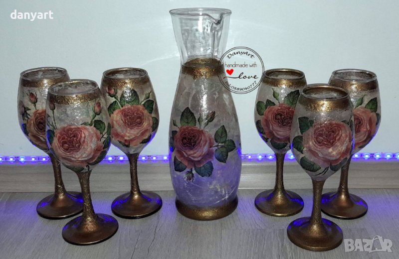Комплект чаши за вино и гарафа Рози, снимка 1