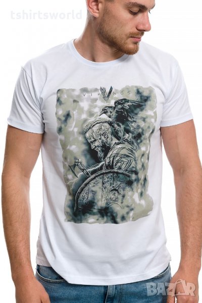 Нова мъжка бяла тениска с дигитален печат Рагнар Лодброк, сериала Викинги, снимка 1