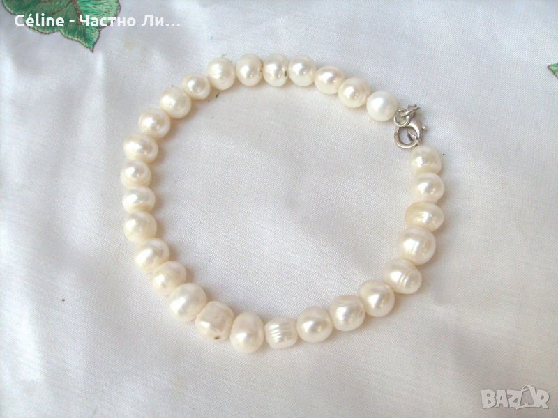 Красива Сребърна Гривна с Естествени Бели Перли, снимка 1