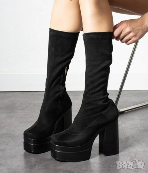 Ботуши на ток - черен велур с черно ходило - BN10, снимка 1