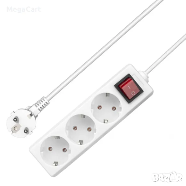 Удължител, 3 гнезда, 250V, 16A, Кабел, 1m, С ключ, Бял, снимка 1