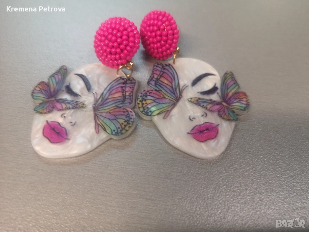 Нови ръчно изработени Фънки Бижута Обеци-Дизайн Пеперуда и Женско Лице-Розови Мъниста&Акрилна Смола , снимка 1