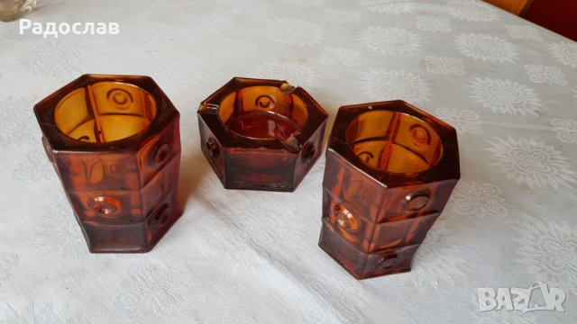Комплект 2 вази с пепелник карамел стъкло, снимка 3 - Декорация за дома - 33349493