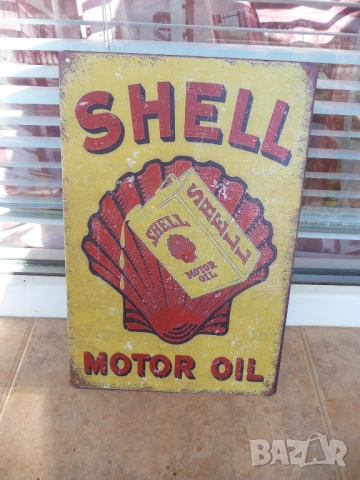 Метална табела Shell motor oil туба реклама бензиностанция пистолет масло бензин дизел гориво път