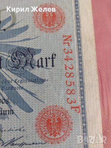 Райх банкнота 100 марки 1908г. Германия рядка за колекционери 28300, снимка 3 - Нумизматика и бонистика - 37142722