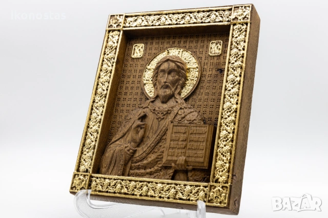 Позлатена релефна икона на Исус Христос от масивен дъб, снимка 3 - Икони - 53223079