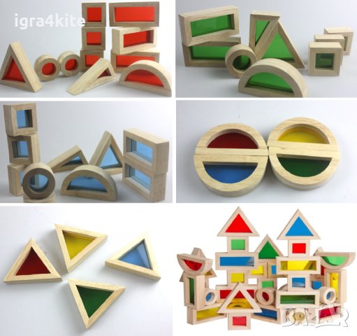 НАМАЛЕНИЯ Луксозен дървен конструктор 40бр. пропускащ цвят и светлина Rainbow Wooden Blocks