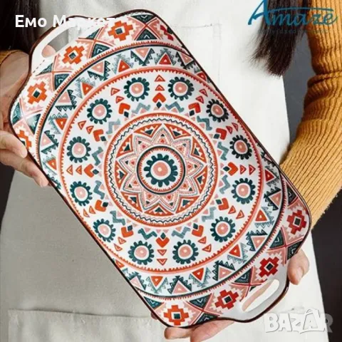 Керамична правоъгълна чиния плато с дръжки, снимка 3 - Чинии - 49276990