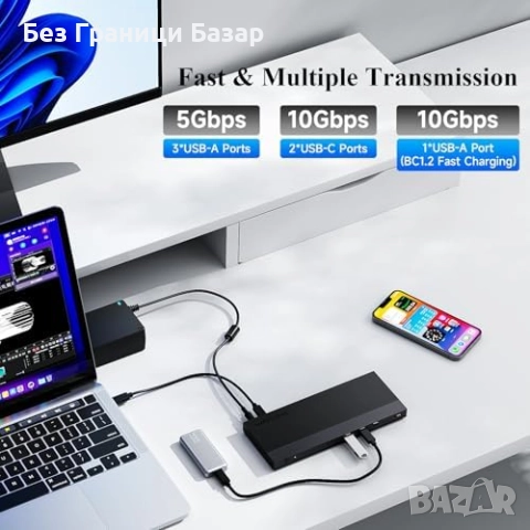 Нова 12 в 1 USB-C докинг станция 100W тройна 4K дисплей поддръжка Хъб, снимка 3 - Друга електроника - 51690358