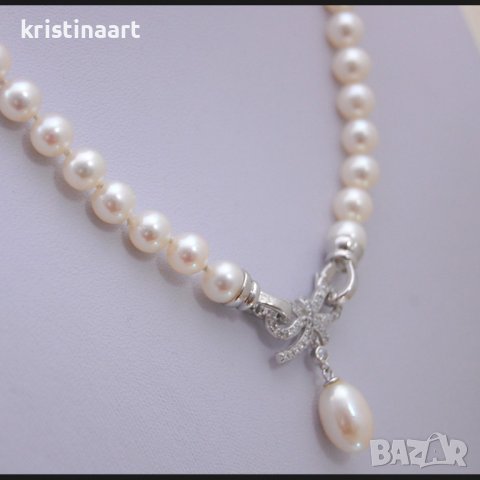 Колие  от бели  естествени перли,7мм-8мм