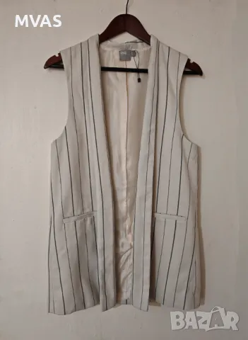 Нов дълъг елек сиво кремав черно райе S размер