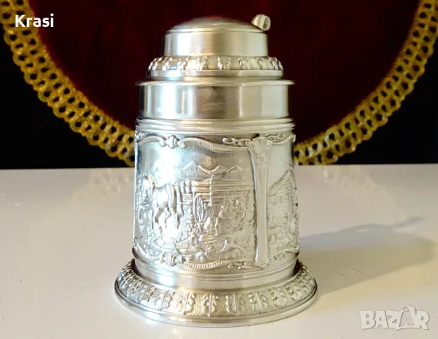 Халба от калай с красиви селски картини, снимка 3 - Антикварни и старинни предмети - 47417485