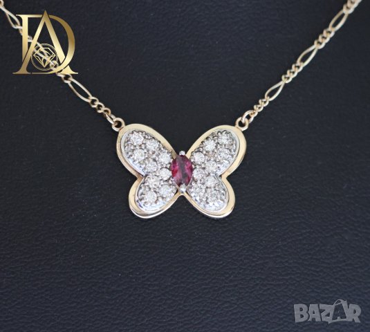 Ново Златно Колие "Пеперуда" с Естествен Рубин и Естествени Диаманти, снимка 2 - Колиета, медальони, синджири - 44105608