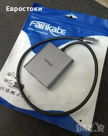 FAIRIKABE USB C към двоен HDMI адаптер 4K 60Hz, USB C сплитер 2 монитора с разширен дисплей, снимка 7 - Кабели и адаптери - 48605281