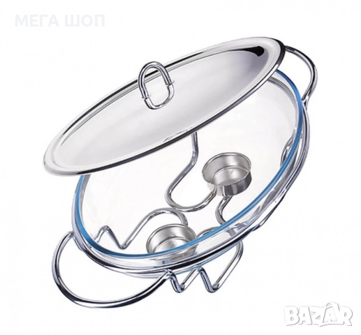 Съд за затопляне Bohmann, 3л. овал, 2свещи, Стоманен капак, Стъкло, Инокс, снимка 2 - Аксесоари за кухня - 52643534