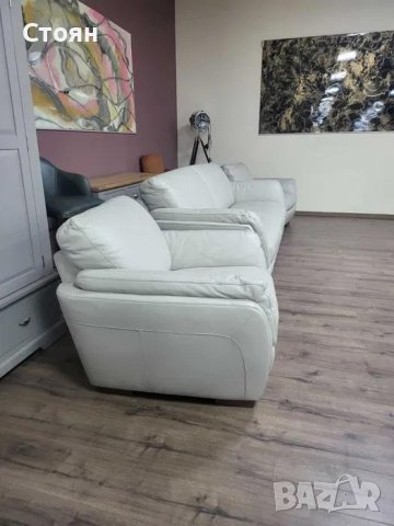 Светло кремав/сив кожен комплект тройка с два фотьойла, снимка 8 - Дивани и мека мебел - 43286135