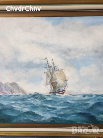 Lindahl 110х74см/стара голяма картина масло върху фазер/морски пейзаж/кораб/1943г/дървена рамка, снимка 3 - Картини - 50703313