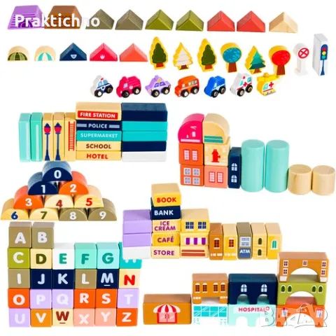 Образователни Дървени кубчета. Град. Сортер, пъзел и чанта, 100 бр, снимка 1