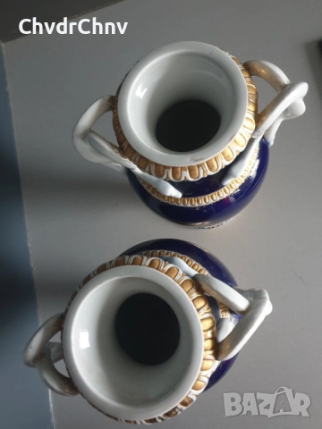 2бр Meissen фигурални вази 28см/стара Майсен порцеланова пиедестална ваза с дръжки-змии/кобалт, снимка 4 - Вази - 52463212