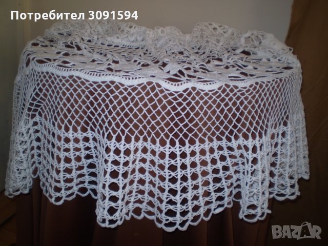  Винтидж ръчно плетена бяла памучна покривка за маса , снимка 6 - Антикварни и старинни предмети - 35656016