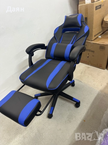 Геймърски стол с телескопична поставка за крака, регулируем, ергономична облегалка, лумбална опора S, снимка 8 - Столове - 51986710