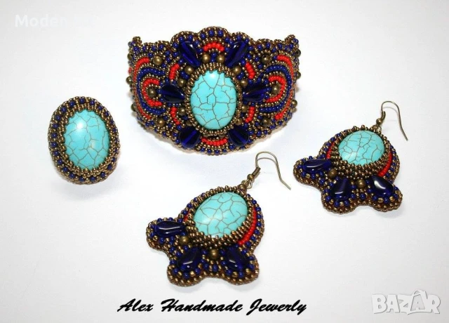 Ръчно изработен комплект с тюркоаз - гривна, обеци и пръстен, снимка 2 - Бижутерийни комплекти - 50803431