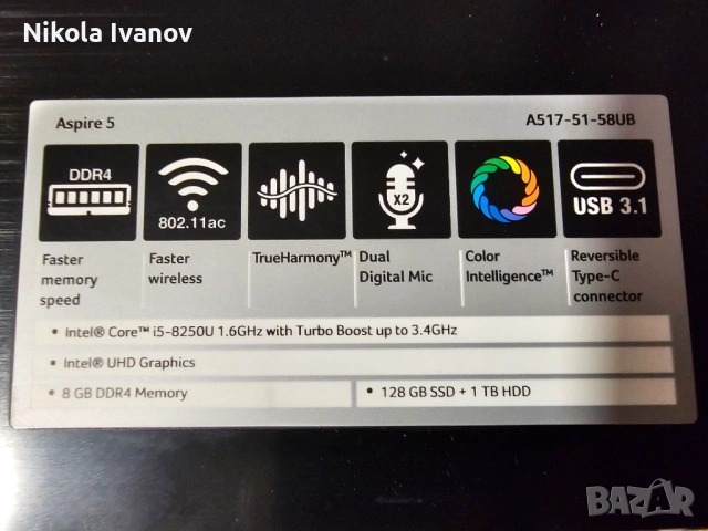 Лаптоп Acer Aspite 5 17.3 инча | Intel i5 8250U 4x3.40 Ghz|12GB RAM|512GB SSD + 1TB HDD | Windows 11, снимка 4 - Лаптопи за дома - 53596453